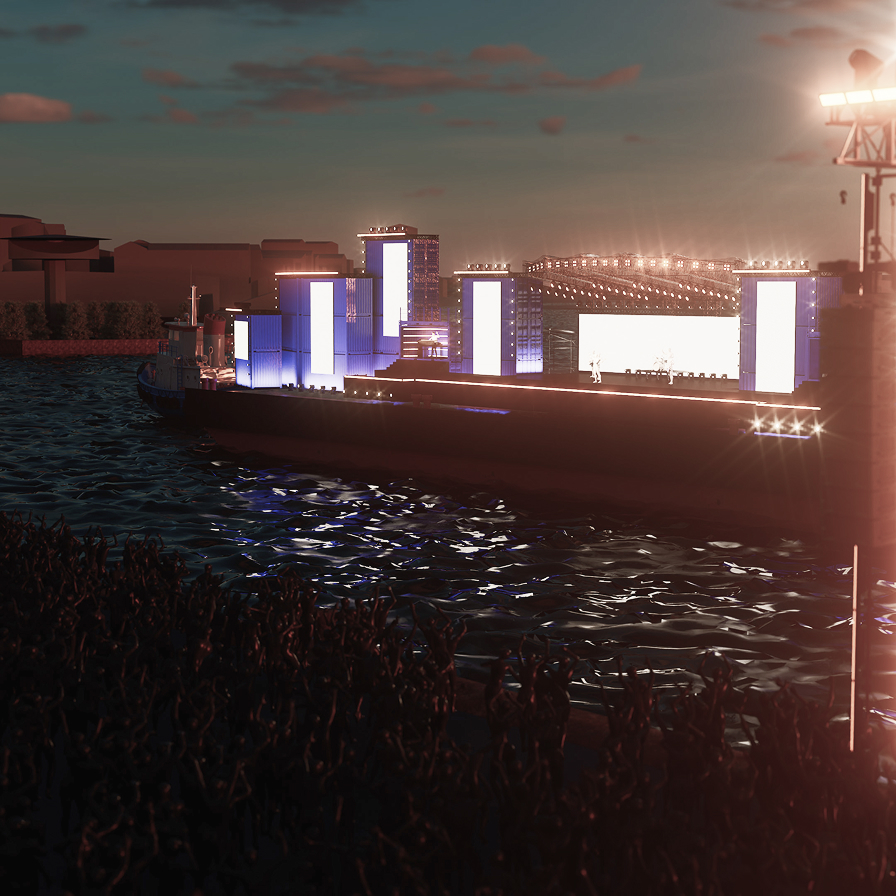 Ein Bild der hell erleuchteten Bühne, sie schwimmt auf der ELbe.